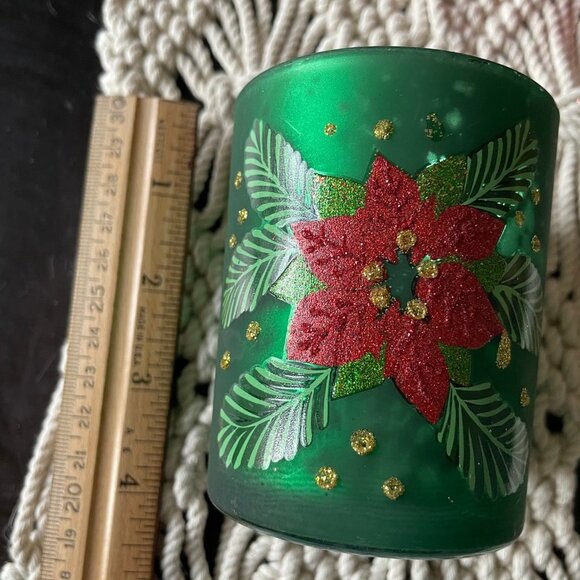 Green Poinsettia Christmas Glass Candle Holder - Picture 6 of 6